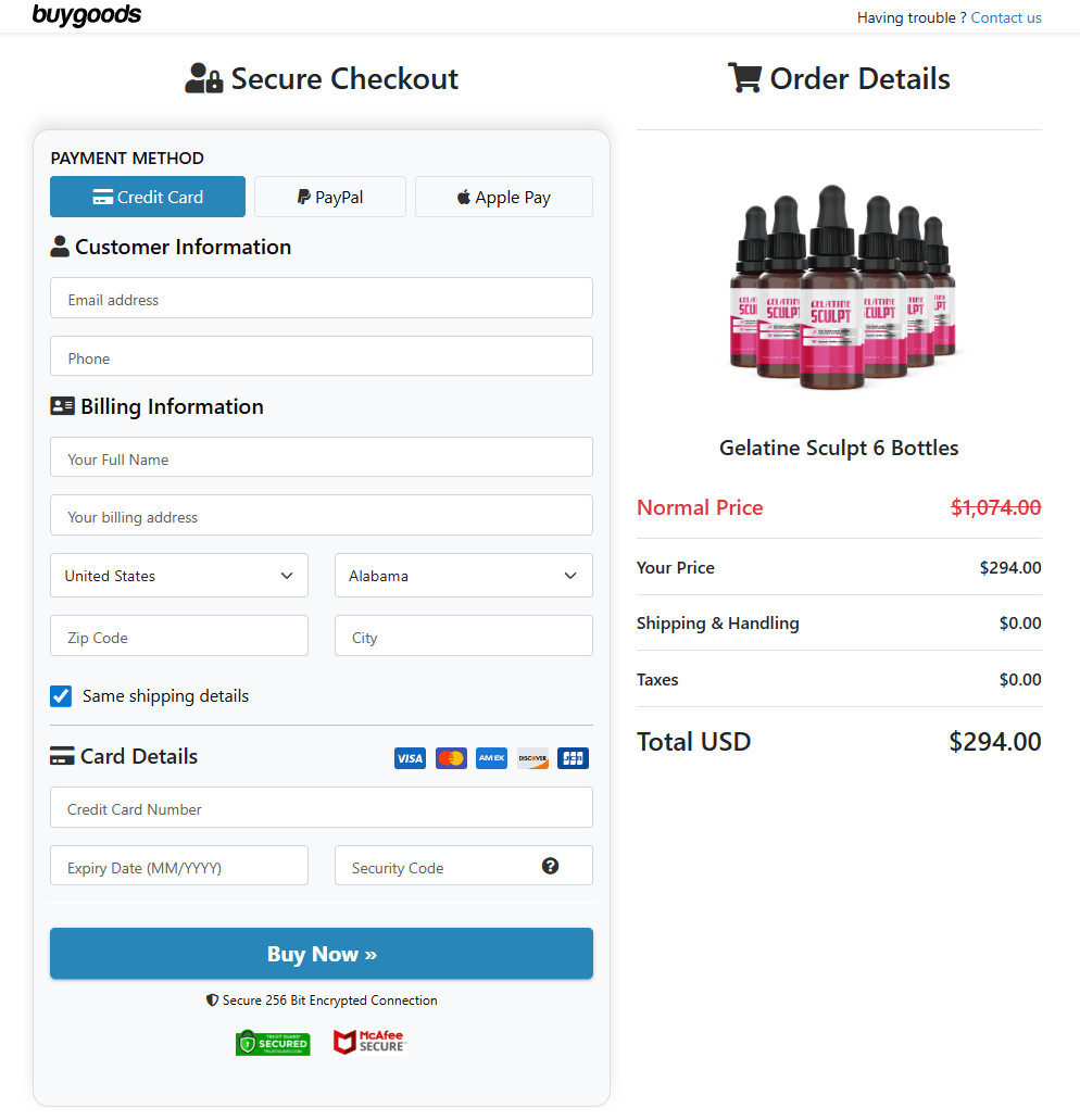 Gelatine Sculpt secure checkout page